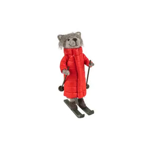 Felt Grey Fox On Skis w/ Red Puffer Coat Ornament