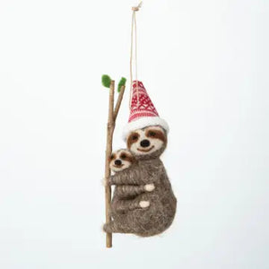 Felt Sloth Mama and Baby Ornament On Branch